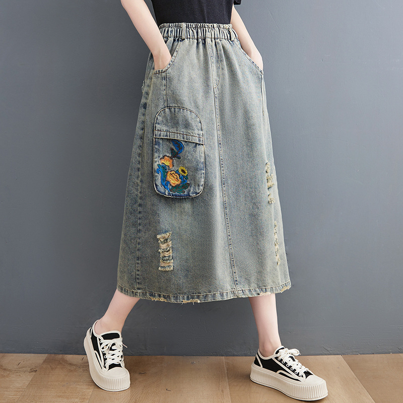 Traper suknja, duga, književni retro stil, tkanina pamuk i lan s denim detaljem, mikroelastičnost