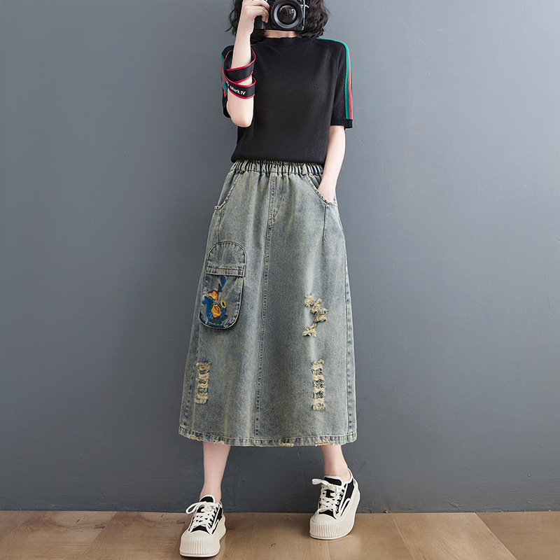 Traper suknja, duga, književni retro stil, tkanina pamuk i lan s denim detaljem, mikroelastičnost