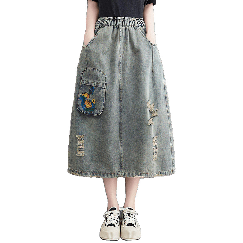 Traper suknja, duga, književni retro stil, tkanina pamuk i lan s denim detaljem, mikroelastičnost