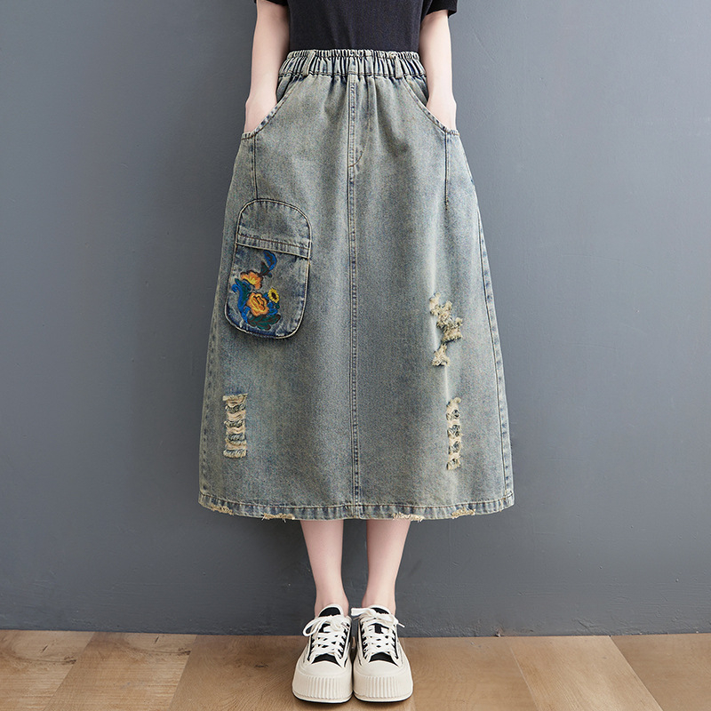 Traper suknja, duga, književni retro stil, tkanina pamuk i lan s denim detaljem, mikroelastičnost