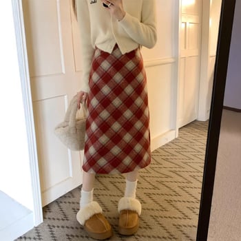 Вълнена пола с каре, А-линия, висока талия, средна дължина