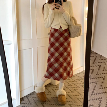 Вълнена пола с каре, А-линия, висока талия, средна дължина