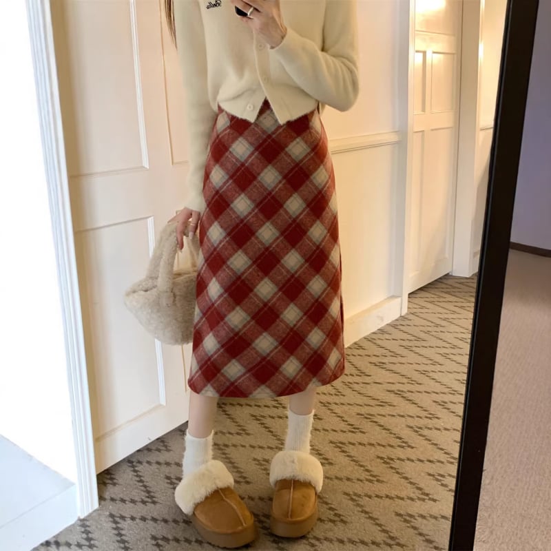 Вълнена пола с каре, А-линия, висока талия, средна дължина