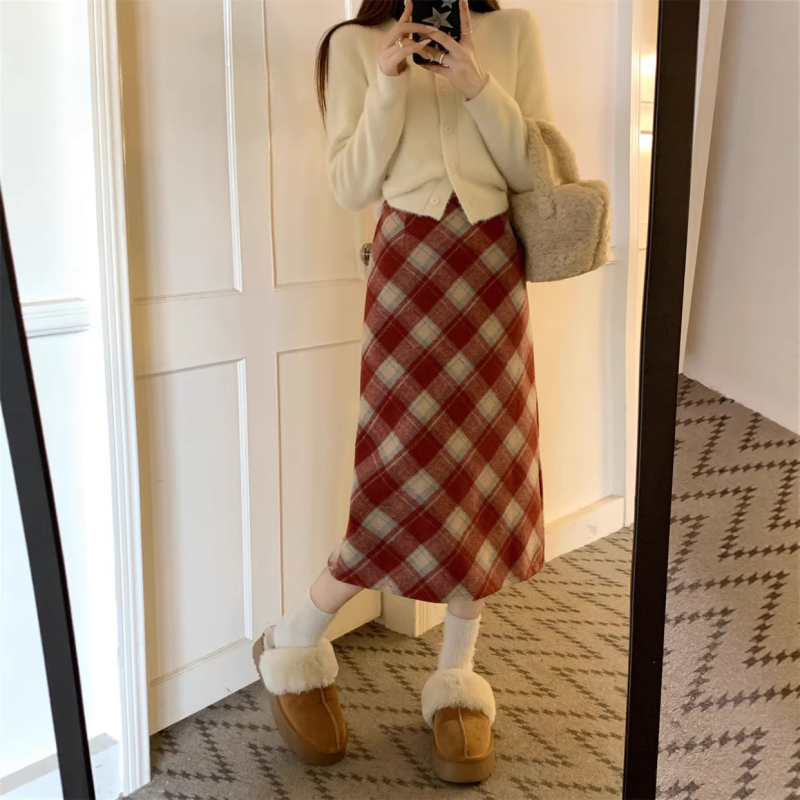 Вълнена пола с каре, А-линия, висока талия, средна дължина