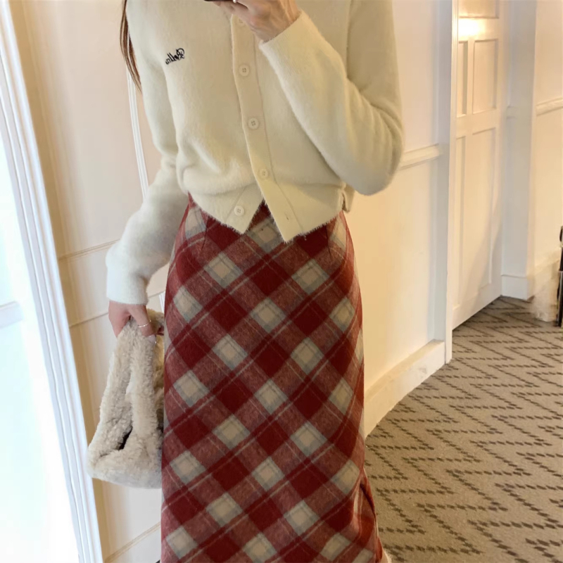 Вълнена пола с каре, А-линия, висока талия, средна дължина