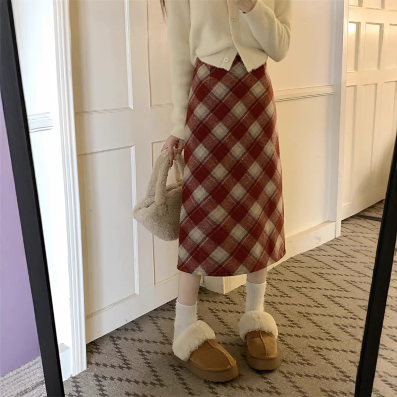 Вълнена пола с каре, А-линия, висока талия, средна дължина