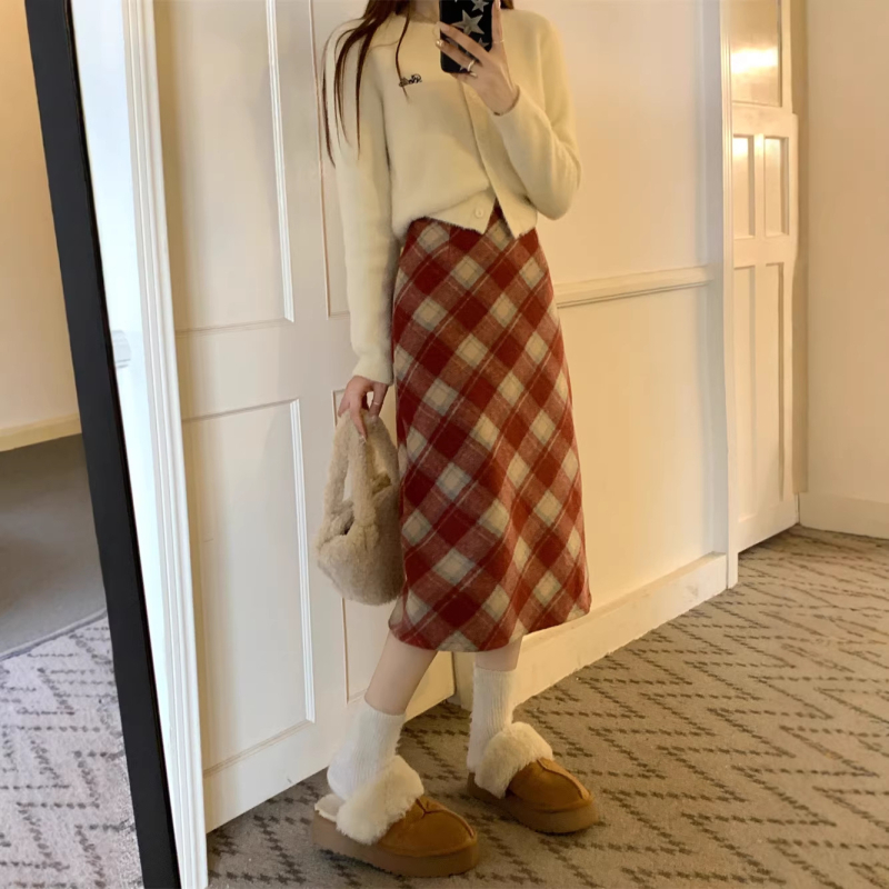 Вълнена пола с каре, А-линия, висока талия, средна дължина