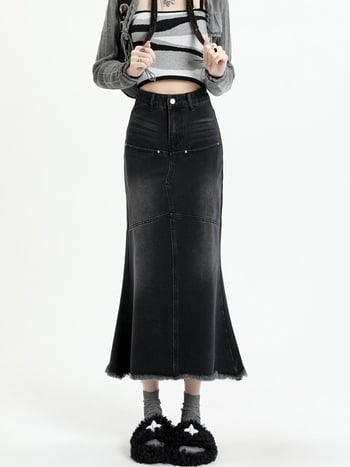 Фиштейл А-линия дънкова пола миди за жени, висока талия, микроеластична, есен 2023