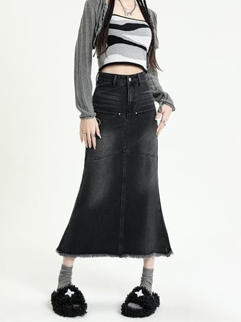 Фиштейл А-линия дънкова пола миди за жени, висока талия, микроеластична, есен 2023