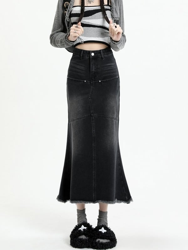 Фиштейл А-линия дънкова пола миди за жени, висока талия, микроеластична, есен 2023