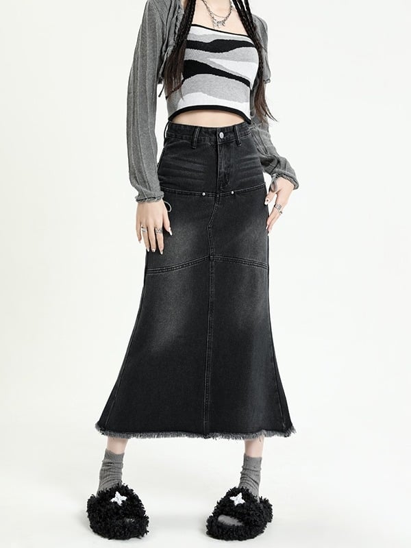 Фиштейл А-линия дънкова пола миди за жени, висока талия, микроеластична, есен 2023