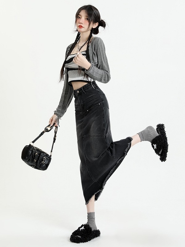 Фиштейл А-линия дънкова пола миди за жени, висока талия, микроеластична, есен 2023