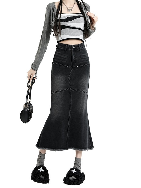 Фиштейл А-линия дънкова пола миди за жени, висока талия, микроеластична, есен 2023