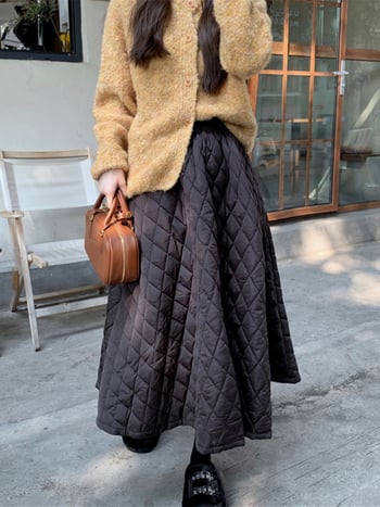 Женска зимна A-line пола, дълга, еднотонна памучно-блендова материя с регенерирана целулозна влакна