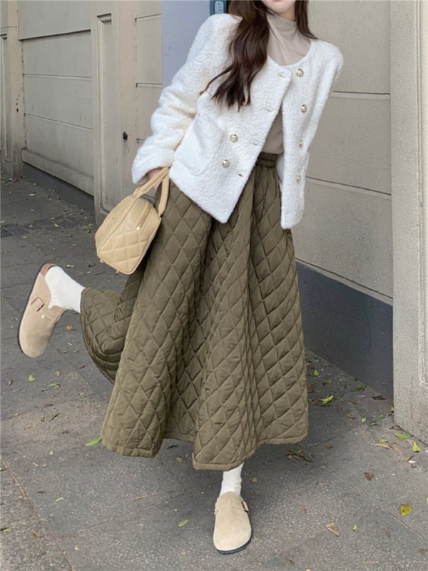 Женска зимна A-line пола, дълга, еднотонна памучно-блендова материя с регенерирана целулозна влакна