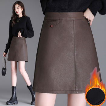 Едноцветна A-образна PU кожена къса пола с подплата от флис за зимата