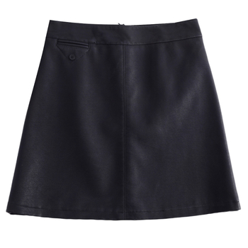 Едноцветна A-образна PU кожена къса пола с подплата от флис за зимата