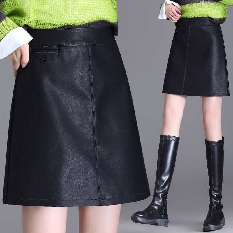 Едноцветна A-образна PU кожена къса пола с подплата от флис за зимата