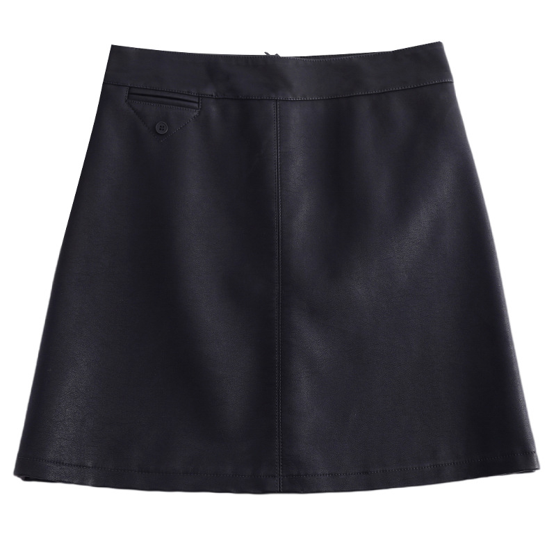 Едноцветна A-образна PU кожена къса пола с подплата от флис за зимата