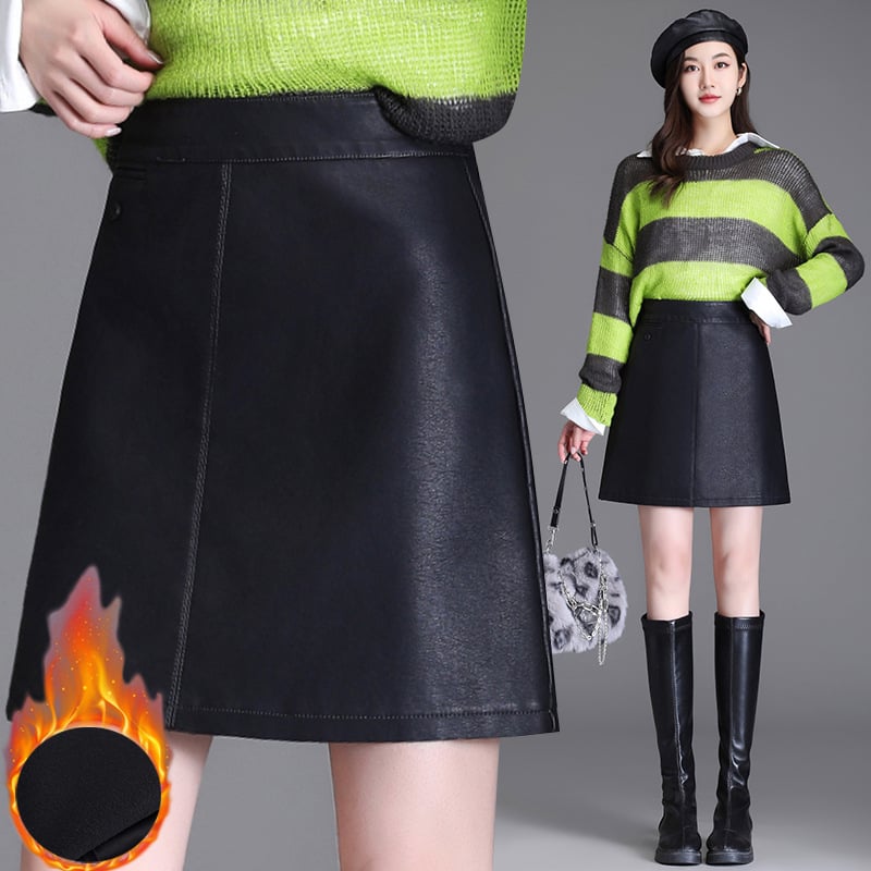 Едноцветна A-образна PU кожена къса пола с подплата от флис за зимата