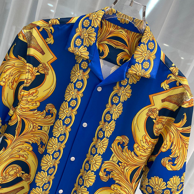 Cămașă bărbătească cu mânecă scurtă, guler rever, croială Slim, imprimare digitală, model solid