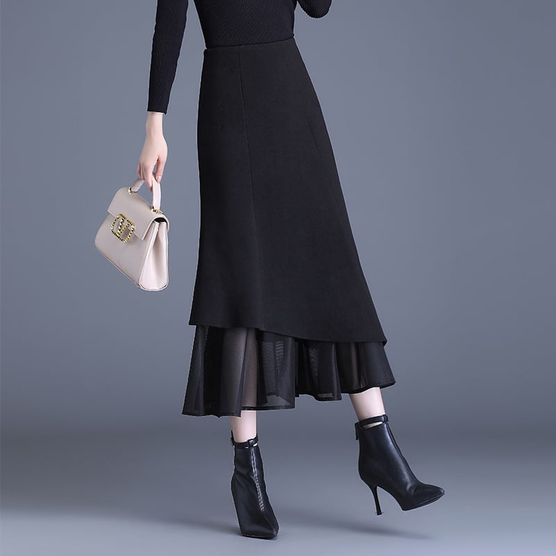 Пола с рибешка опашка, висока талия, зимна дълга до глезена, принцес стил, полиестер 90-95%, сгънат триизмерен декоративен асиметричен цип