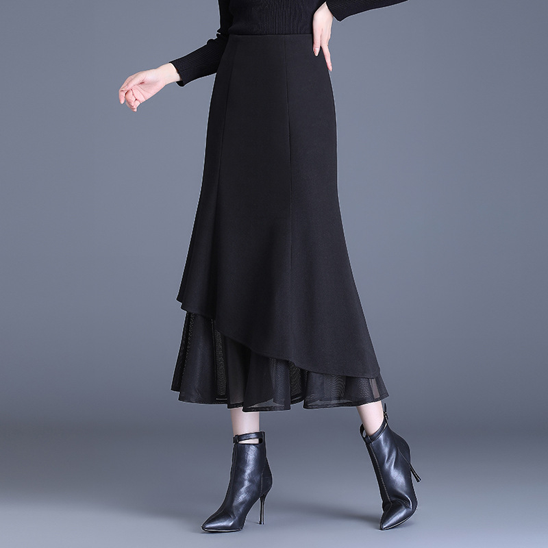 Пола с рибешка опашка, висока талия, зимна дълга до глезена, принцес стил, полиестер 90-95%, сгънат триизмерен декоративен асиметричен цип