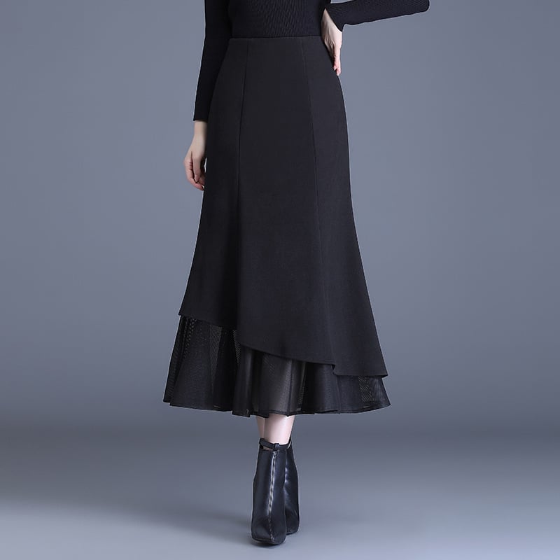 Пола с рибешка опашка, висока талия, зимна дълга до глезена, принцес стил, полиестер 90-95%, сгънат триизмерен декоративен асиметричен цип