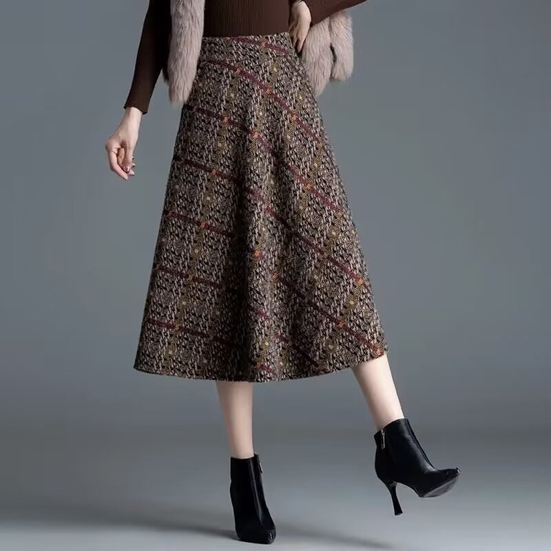 Пола с А-образна линия, миди дължина, висока талия, кариран Mink велур и детайл усукано цвете