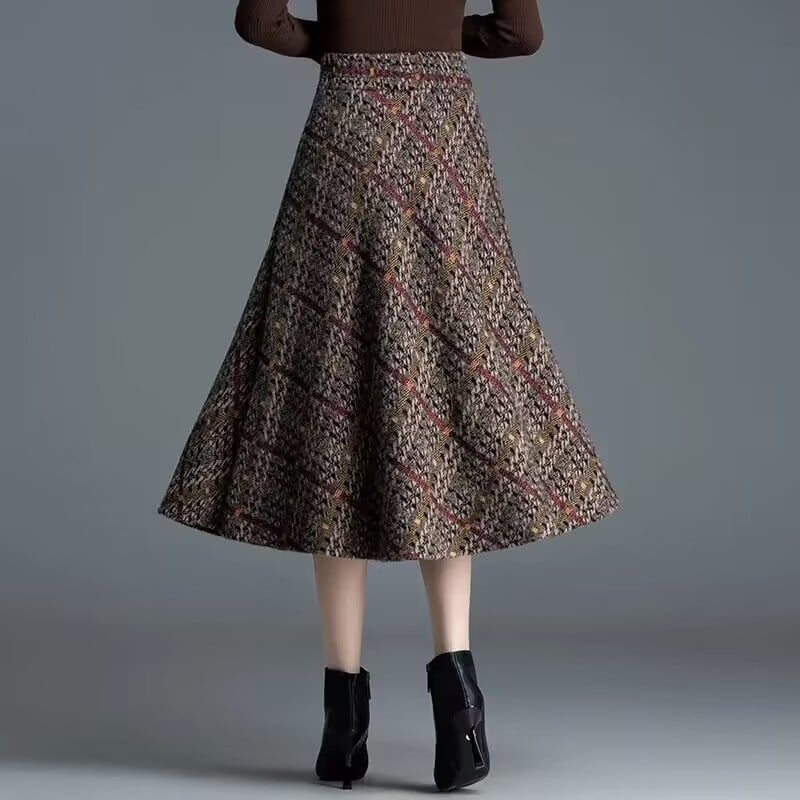 Пола с А-образна линия, миди дължина, висока талия, кариран Mink велур и детайл усукано цвете