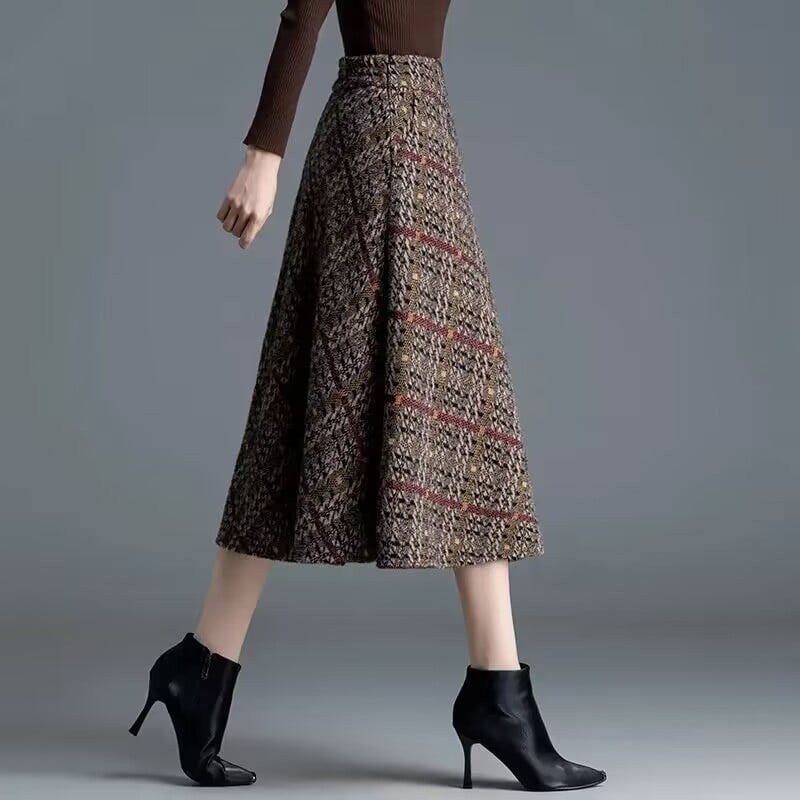 Пола с А-образна линия, миди дължина, висока талия, кариран Mink велур и детайл усукано цвете