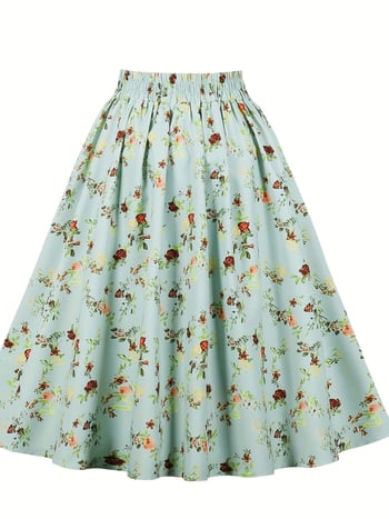 Флорална пола A-line с стягане на талията, копче отпред, полиестер с еластан, микроеластичност, ретро стил