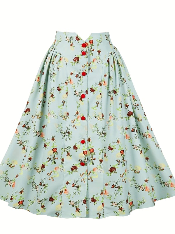 Флорална пола A-line с стягане на талията, копче отпред, полиестер с еластан, микроеластичност, ретро стил