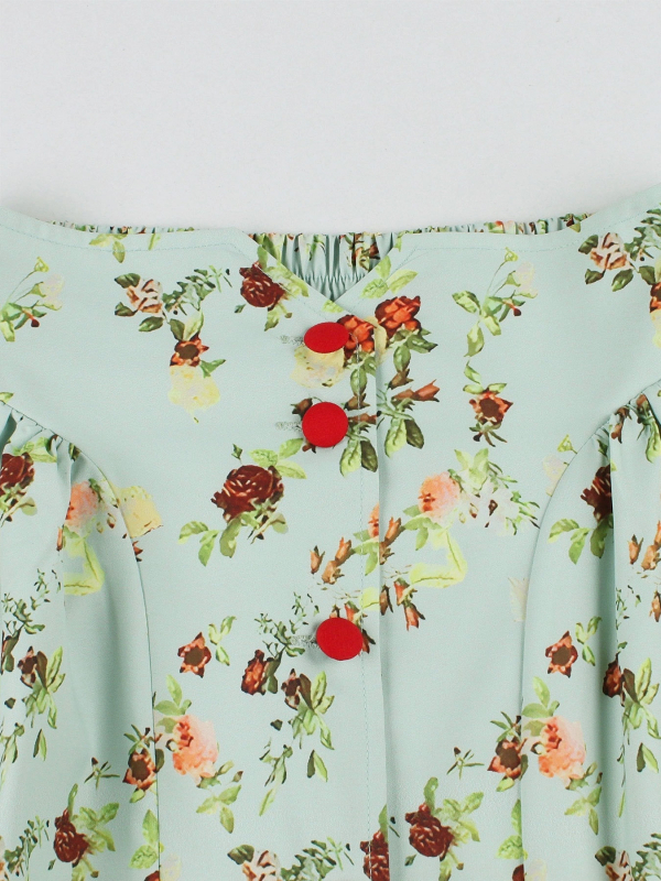 Флорална пола A-line с стягане на талията, копче отпред, полиестер с еластан, микроеластичност, ретро стил