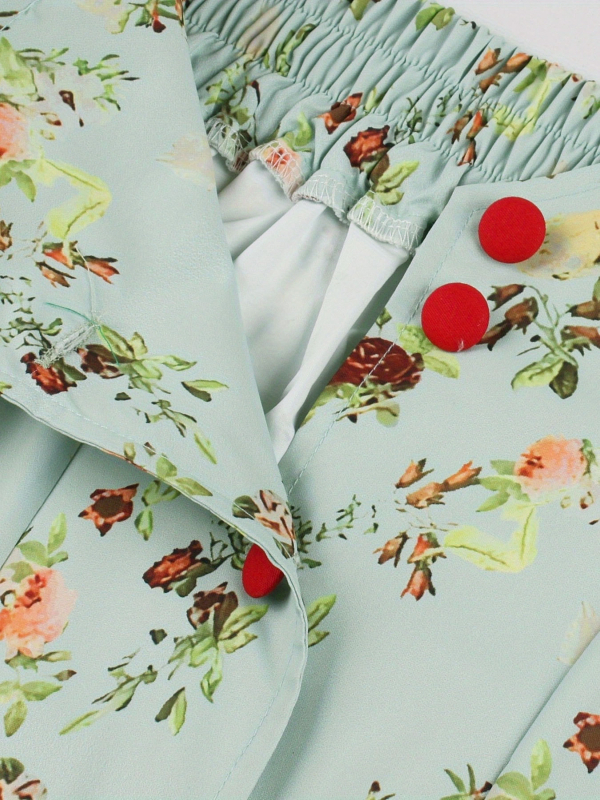 Флорална пола A-line с стягане на талията, копче отпред, полиестер с еластан, микроеластичност, ретро стил