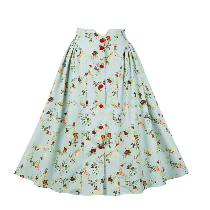 Флорална пола A-line с стягане на талията, копче отпред, полиестер с еластан, микроеластичност, ретро стил