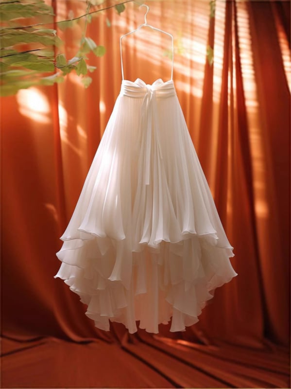 Плисирана дълга пола с многопластов дизайн и презрамки с пеперудено оформление, шифоново-полиестерова материя, 90-95% полиестер, пролет 2025