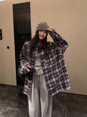 Риза с каре шарка, дълги ръкави, яка поло, свободна кройка, полиестерна смес