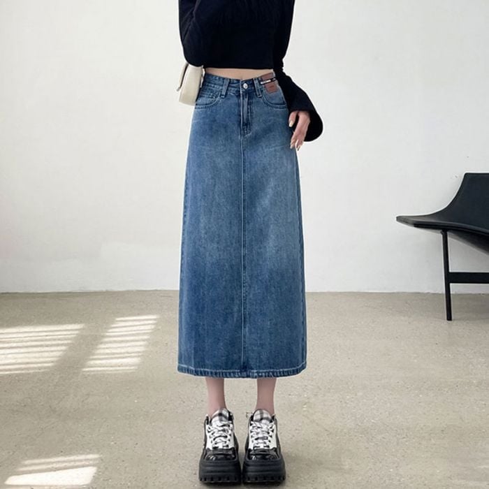 Φούστα denim με color-block σχέδιο, μεσαίου μήκους, ύφασμα βαμβάκι-πολυεστέρας, μικροελαστικότητα, casual στυλ