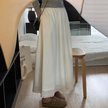 Fustă albă A-line din bumbac, cu dantelă la margine, talie înaltă, Plus Size, lungime midi, culoare solidă