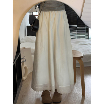Fustă albă A-line din bumbac, cu dantelă la margine, talie înaltă, Plus Size, lungime midi, culoare solidă