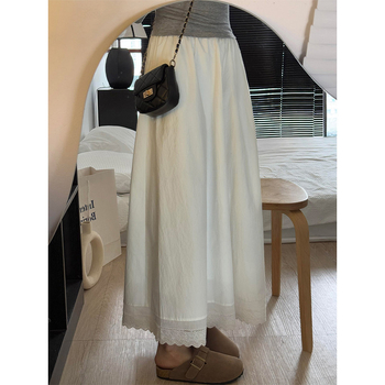 Fustă albă A-line din bumbac, cu dantelă la margine, talie înaltă, Plus Size, lungime midi, culoare solidă