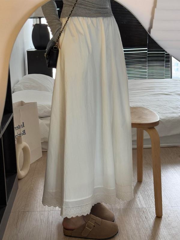 Fustă albă A-line din bumbac, cu dantelă la margine, talie înaltă, Plus Size, lungime midi, culoare solidă
