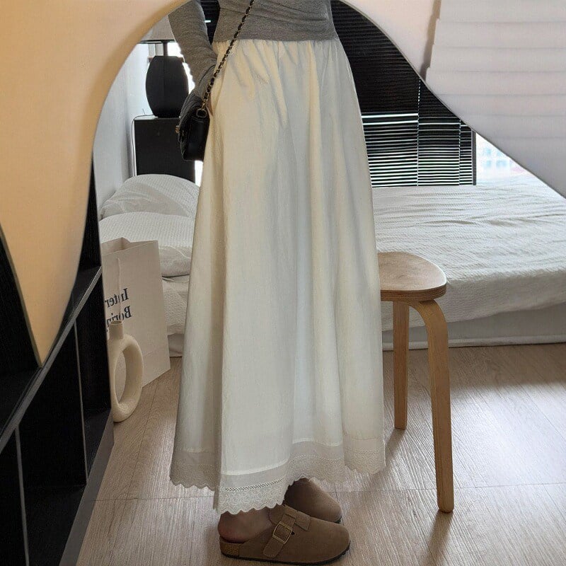 Fustă albă A-line din bumbac, cu dantelă la margine, talie înaltă, Plus Size, lungime midi, culoare solidă