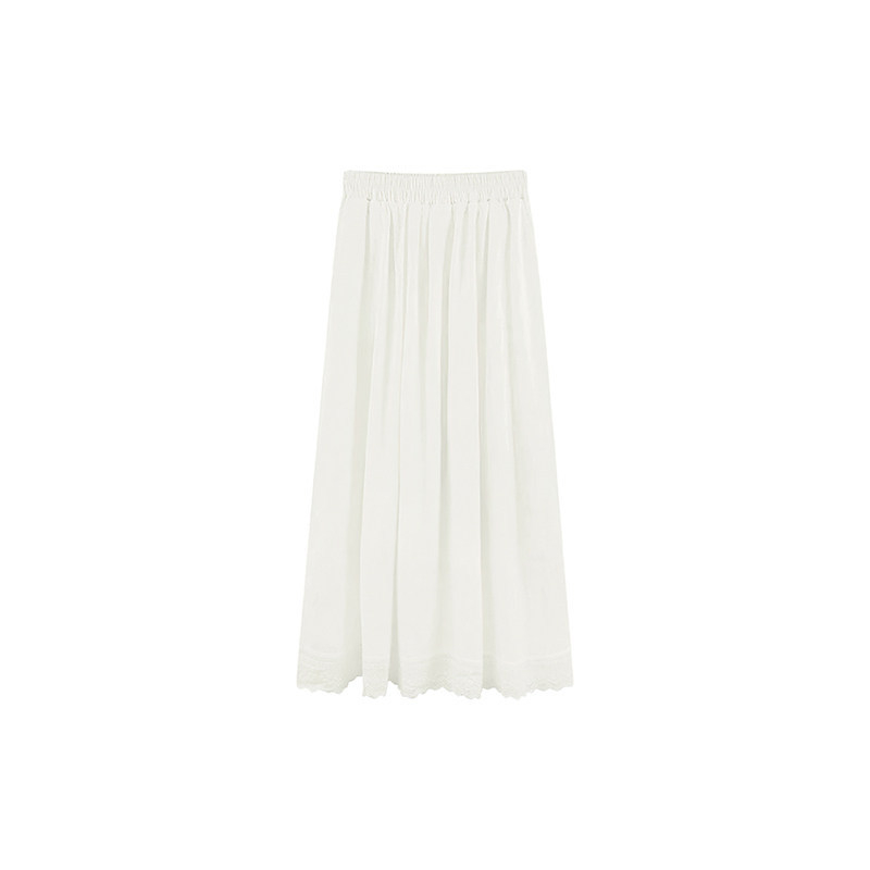 Fustă albă A-line din bumbac, cu dantelă la margine, talie înaltă, Plus Size, lungime midi, culoare solidă