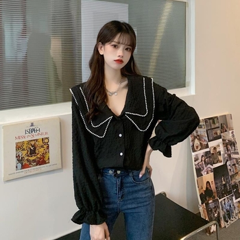 Top din chenille cu mâneci lungi, guler de tip păpușă, croială lejeră, spandex <30%, Primăvara 2025