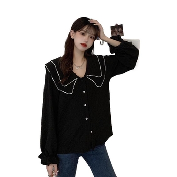 Top din chenille cu mâneci lungi, guler de tip păpușă, croială lejeră, spandex <30%, Primăvara 2025