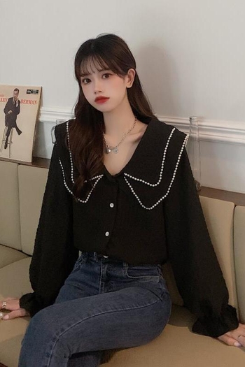 Top din chenille cu mâneci lungi, guler de tip păpușă, croială lejeră, spandex <30%, Primăvara 2025