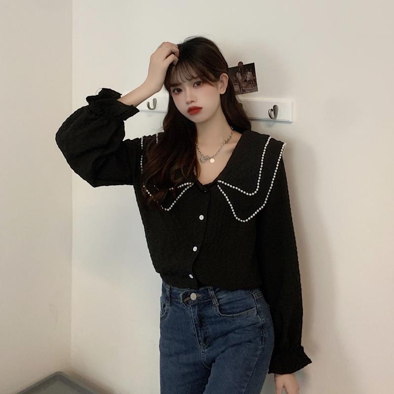 Top din chenille cu mâneci lungi, guler de tip păpușă, croială lejeră, spandex <30%, Primăvara 2025