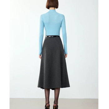 Женска миди пола с чадър силует, зимен ретро френски стил, смес полиестер и вълна (50–70% полиестер, до 30% вълна), дължина миди, микроеластична, за делово облекло